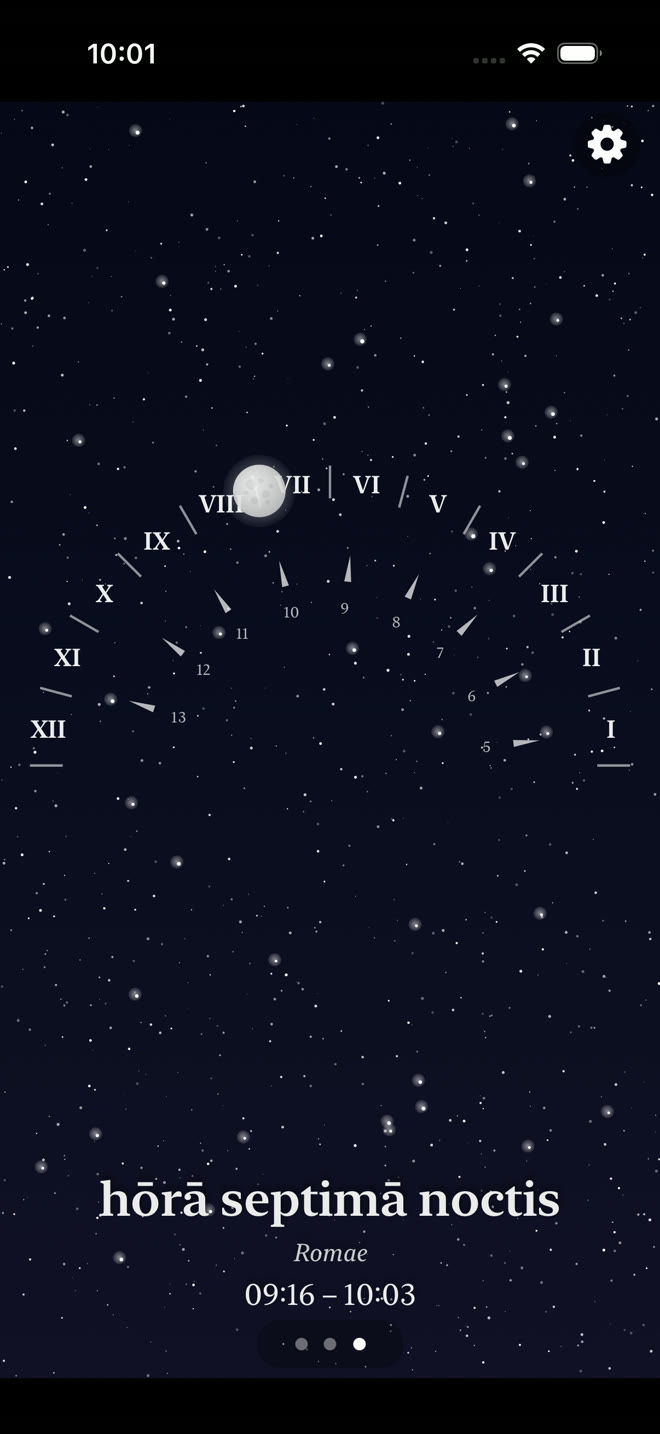 LatinCalendar night view showing Roman hours against a simulated night sky