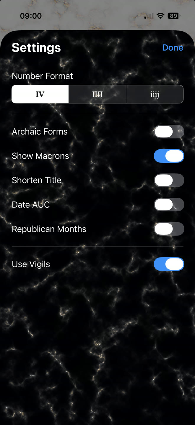 LatinCalendar settings for numeral styles and historical date options